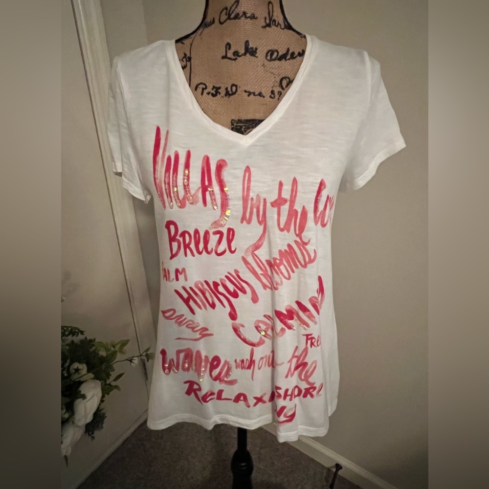 Chico’s V-Neck T-shirt Size Small with Vacay theme and sequins